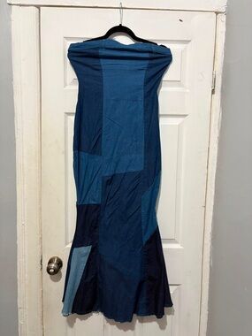 Blue Patchwork Strapless Maxi Dress